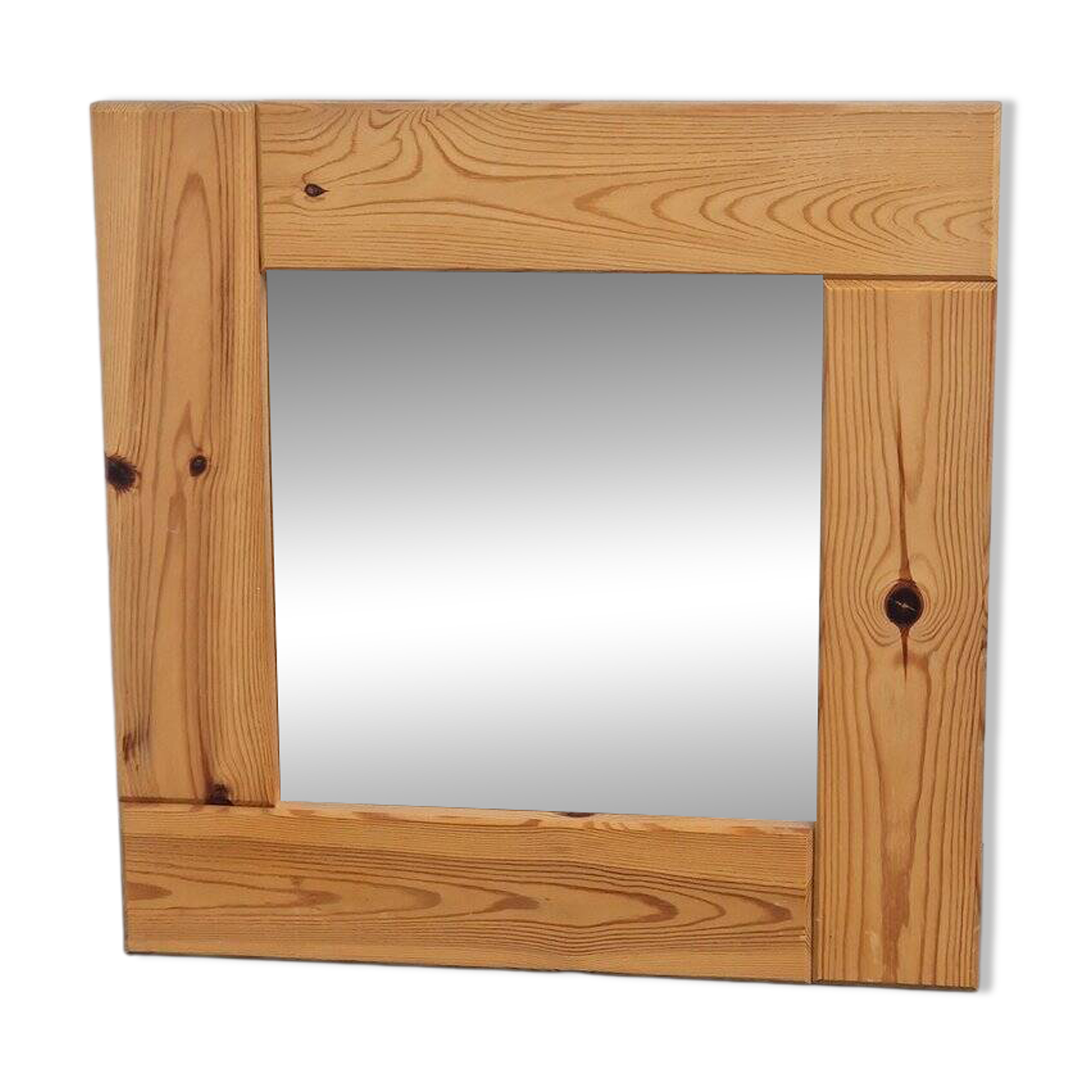 Miroir carré en pin scandinave vintage, années 1970