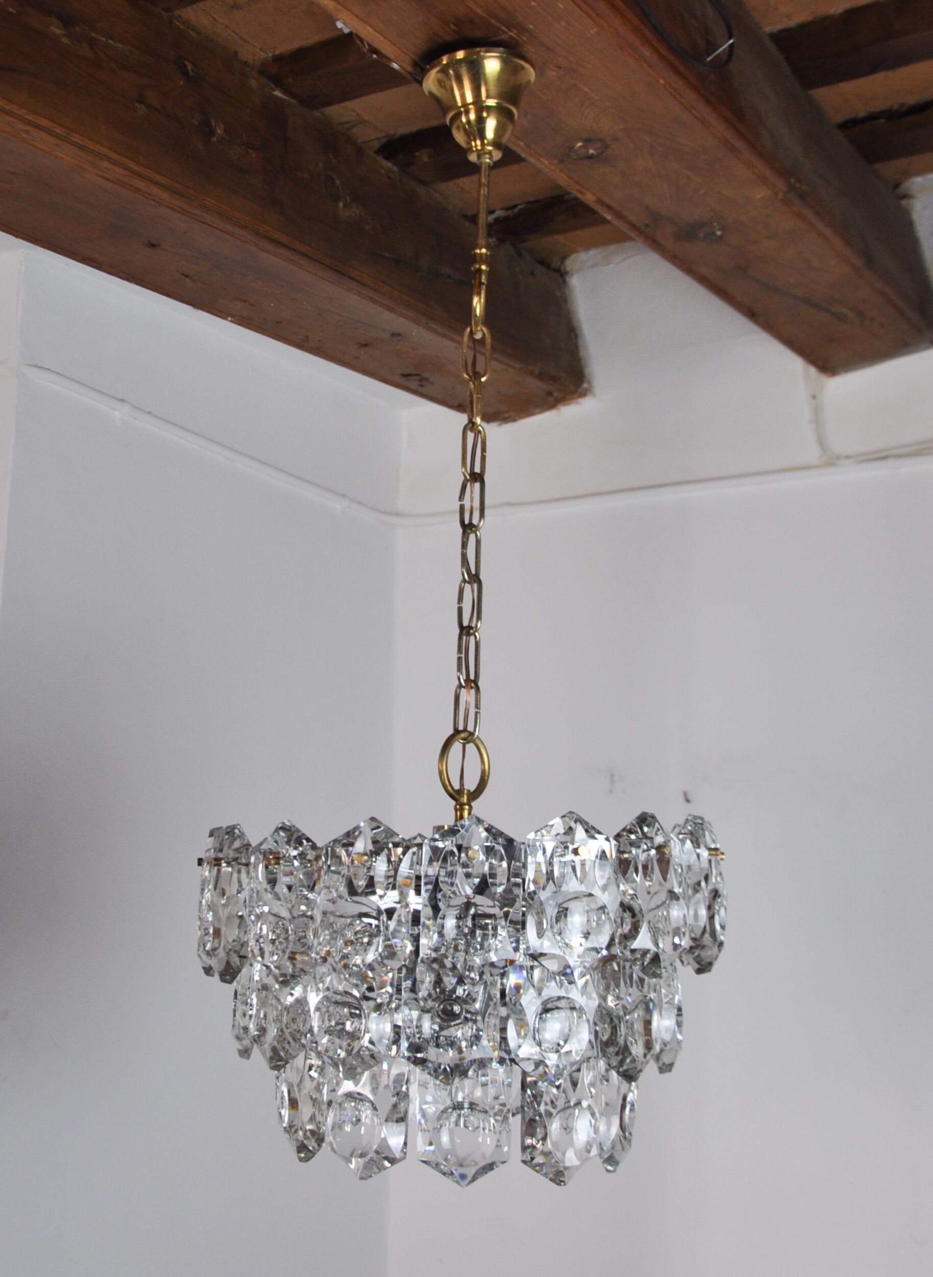Golden Kinkeldey chandelier, cut glass, 3 levels, Germany, 1970