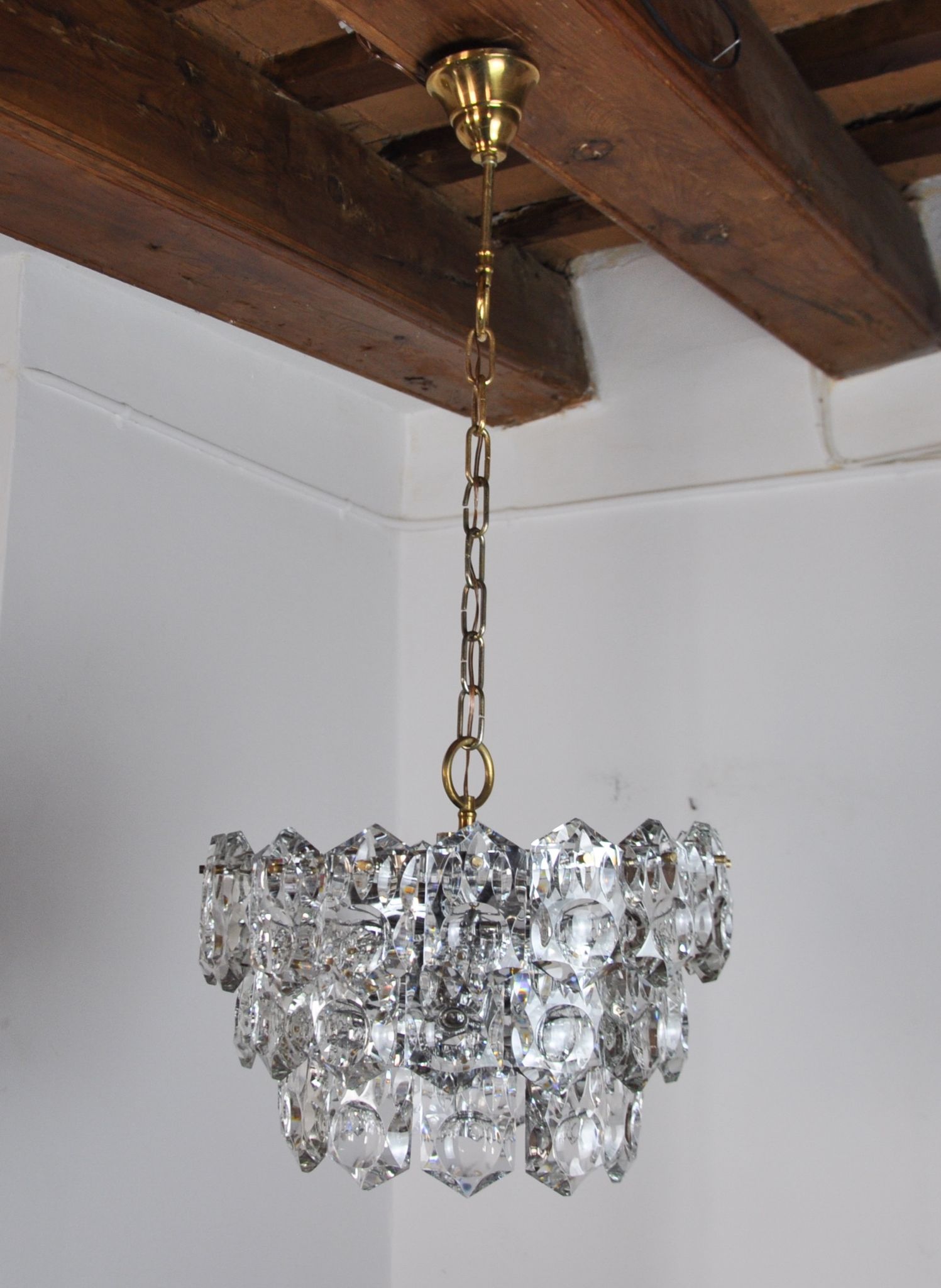 Golden Kinkeldey chandelier, cut glass, 3 levels, Germany, 1970