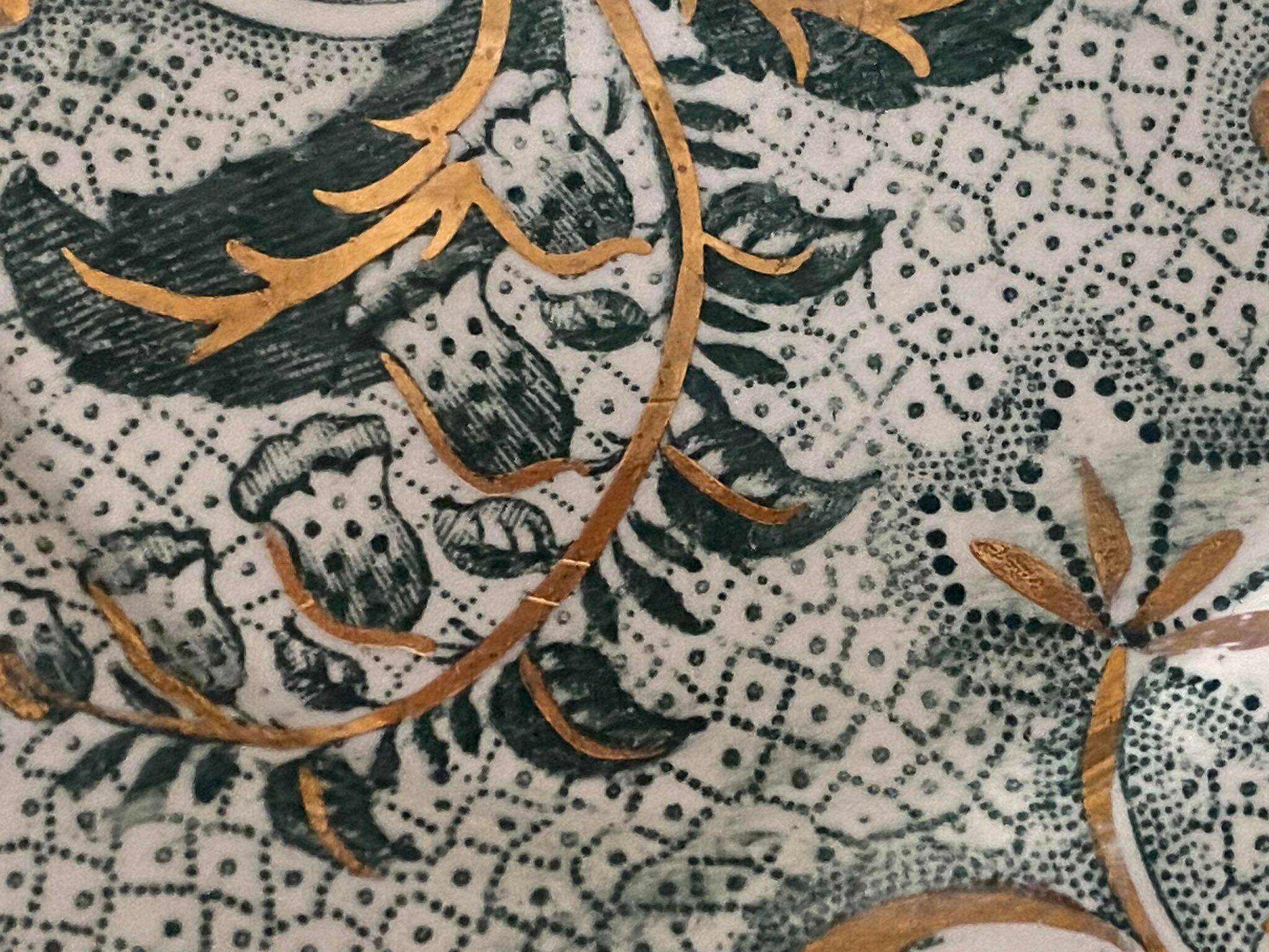 Creil et Montereau cup and saucer green and gold floral pattern