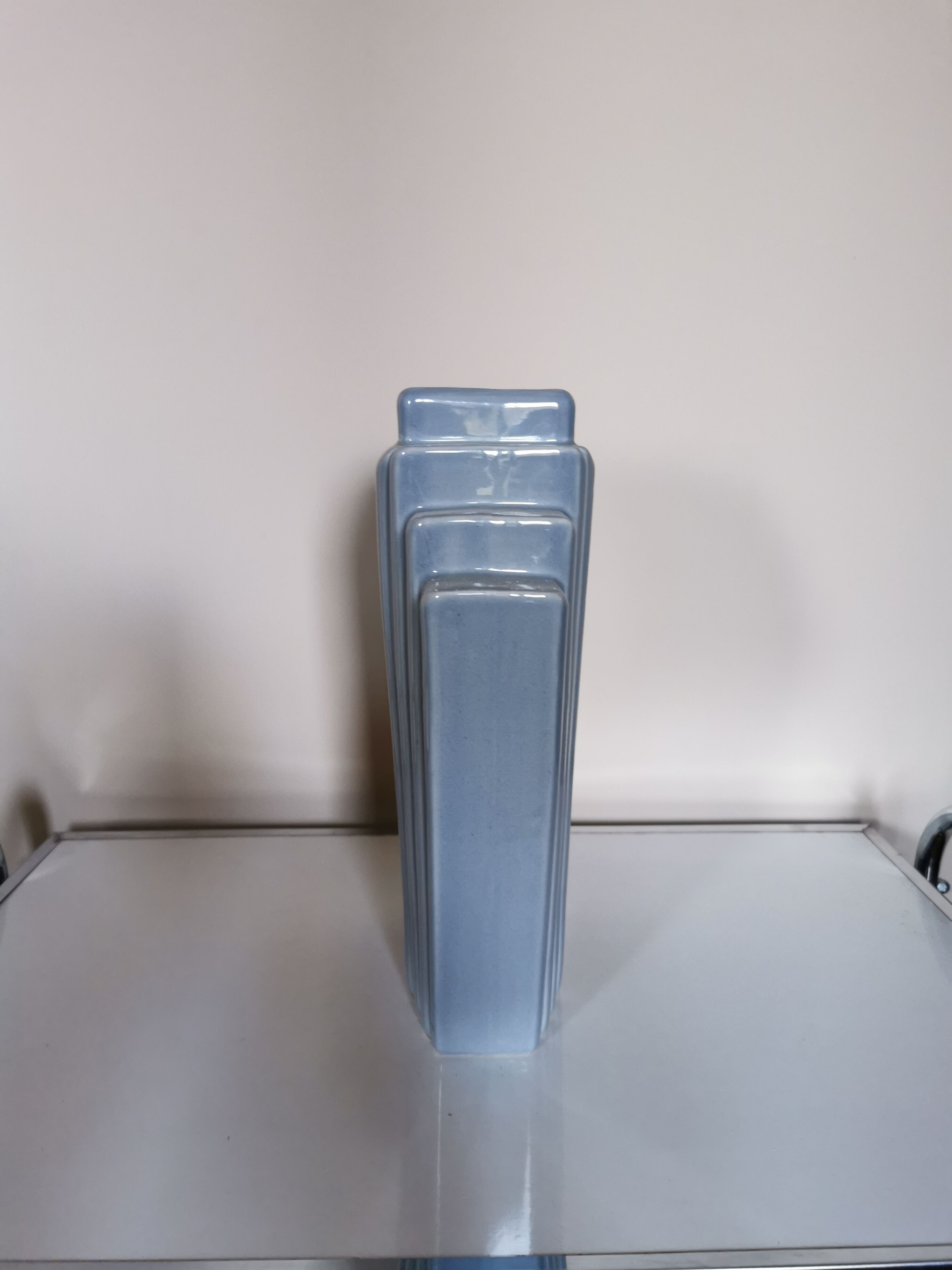 Grey ceramic art deco vase, fan shape.