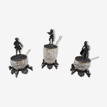 Trio de salerons et moutardier en cristal de Bavière et bronze