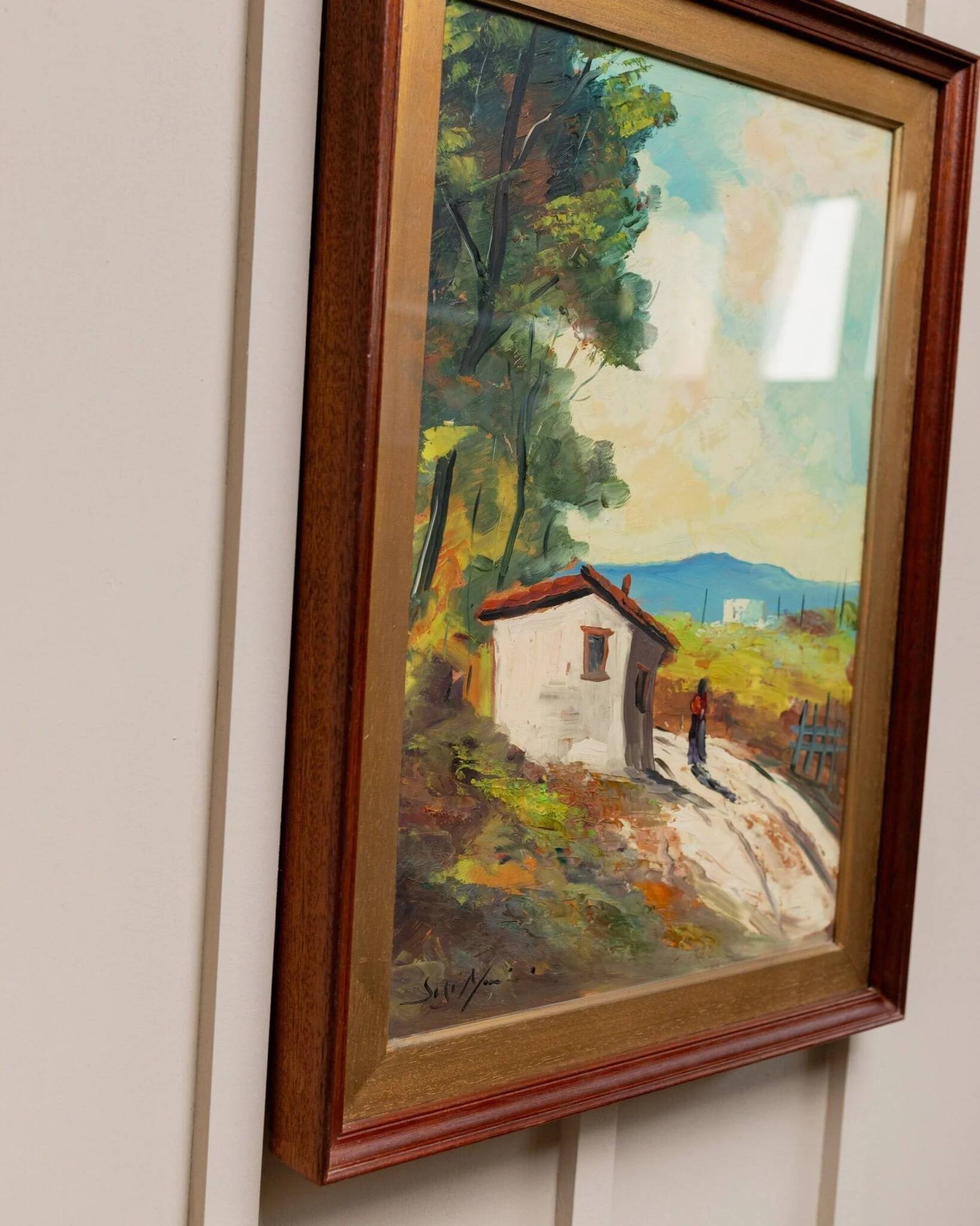 XL Vintage Oil Painting on Wood Panel in a Golden Frame, 1960s Italy Landscape with Woman