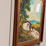 XL Vintage Oil Painting on Wood Panel in a Golden Frame, 1960s Italy Landscape with Woman