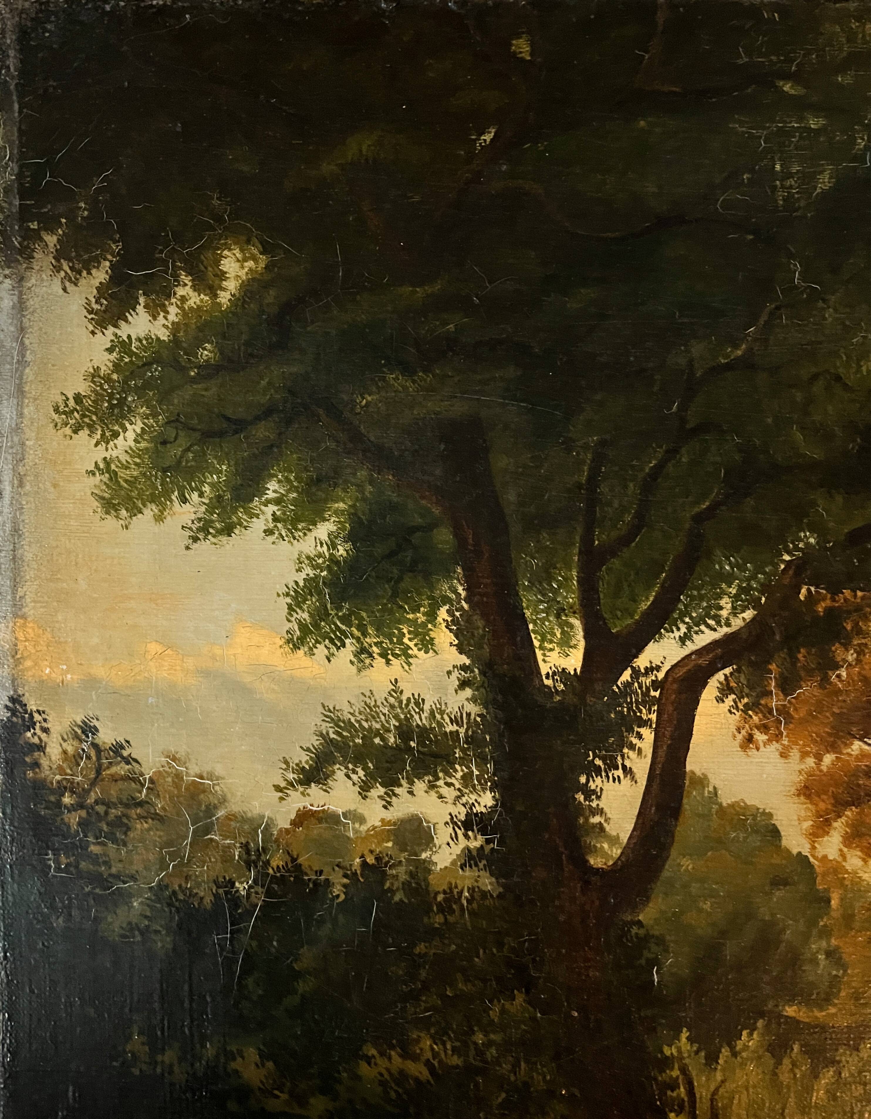 Tableau HST "Paysage pastoral animé vaches et couple" landscape XIX° siècle