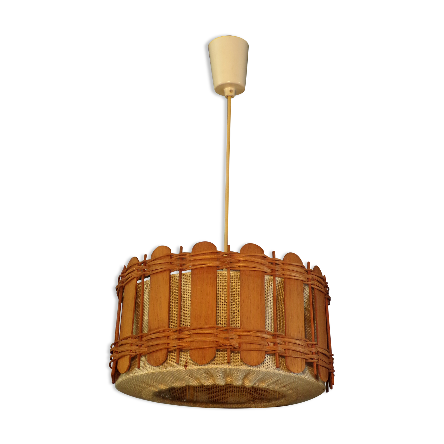 Vintage jute, rattan and wood pendant lamp