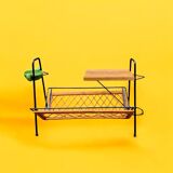 Vintage magazine rack in black metal, wood and rattan with ceramic ashtray