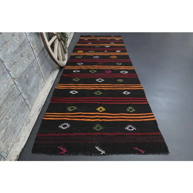 1970s Vintage Turkish Oushak Handmade Wool Cotton Brown Runner Rug 142x413