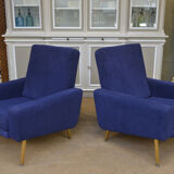 Pair of armchairs and ottoman vintage 1950 in blue velour and brass