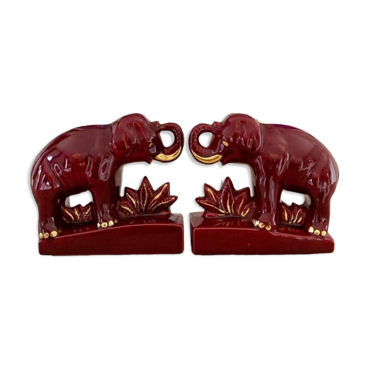 Pair of burgundy ceramic “Elephants” bookends