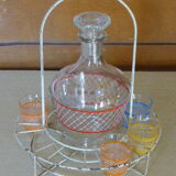 Service a Liqueur consisting of a metal servant, a carafe and 6 small vintage glasses 1950