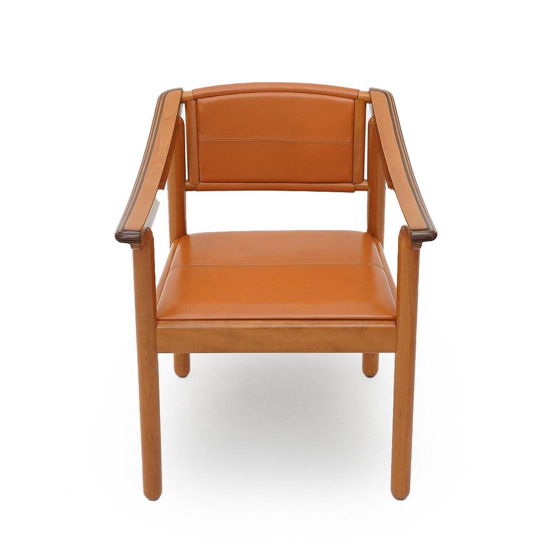 Wood and leather chairs, 1970s, set of 4