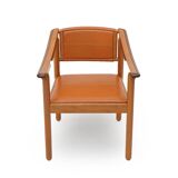 Wood and leather chairs, 1970s, set of 4