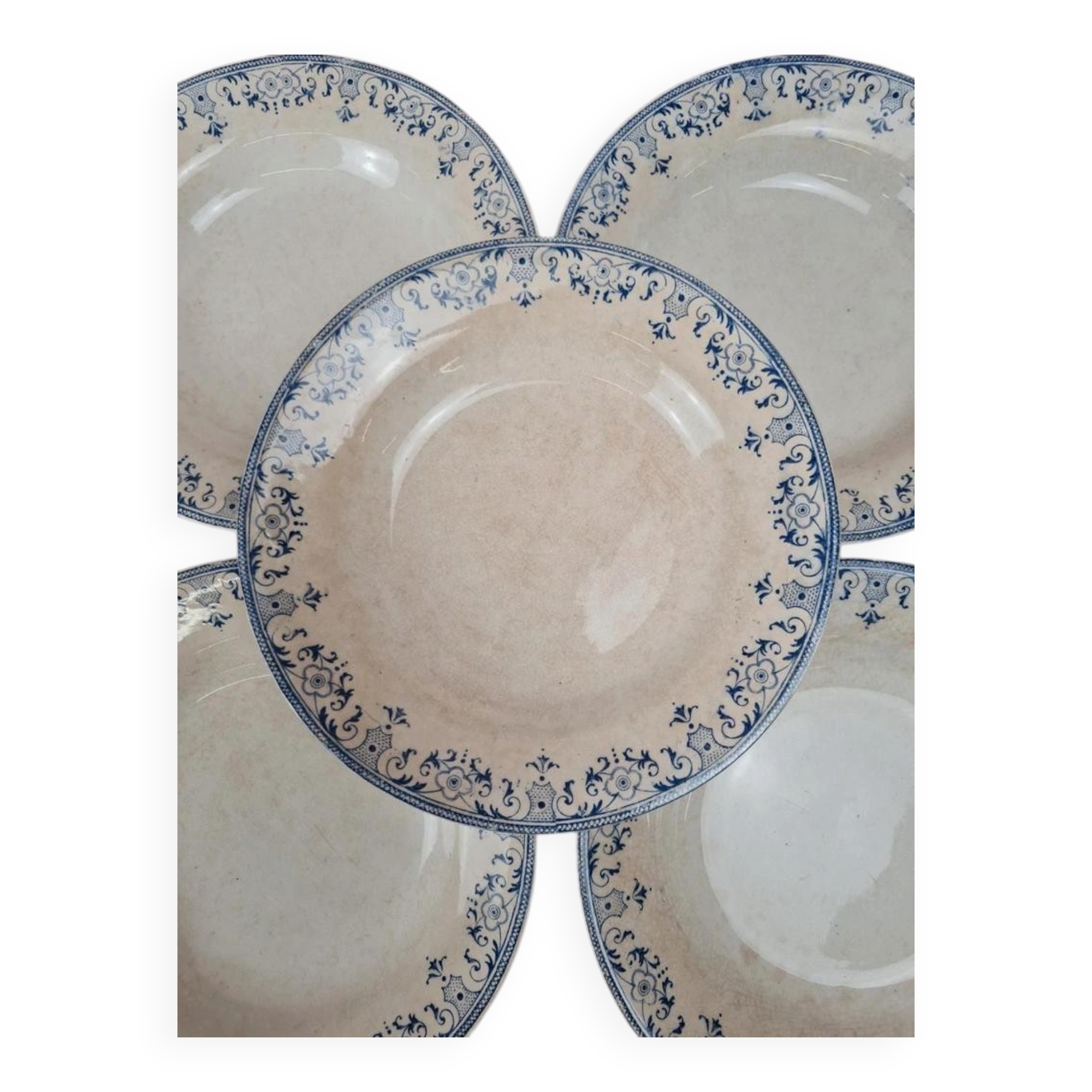 Set of 7 antique deep plates from Creil and Montereau, La Vallières service, 23 cm