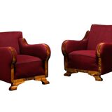 Paire de fauteuils Art déco d'ébéniste danois, revêtus de tissu de laine bordeaux