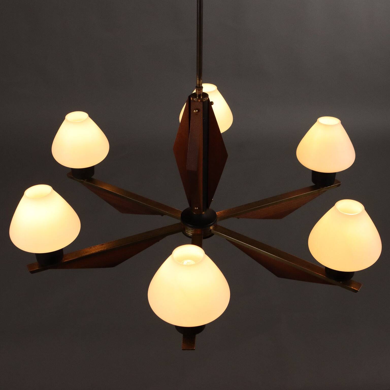 Vintage aluminum and teak chandelier, Italy, 1960s