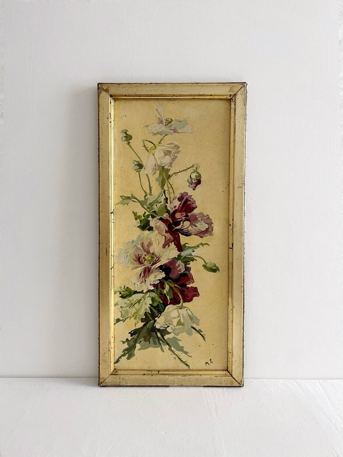 Peinture ancienne huile sur carton verticale fleurs pavots