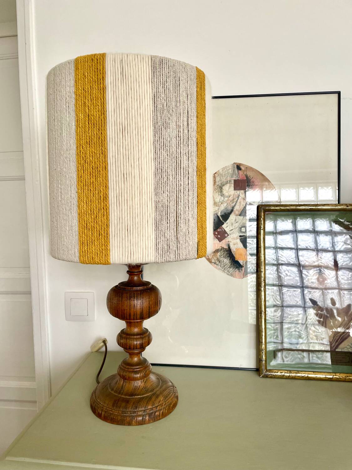 Large vintage lamp with turned wooden base, wool and rope striped lampshade