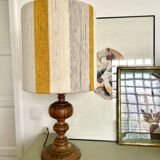 Large vintage lamp with turned wooden base, wool and rope striped lampshade