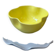 Handmade enameled ceramic bowl, lemon yellow pop clover flower
