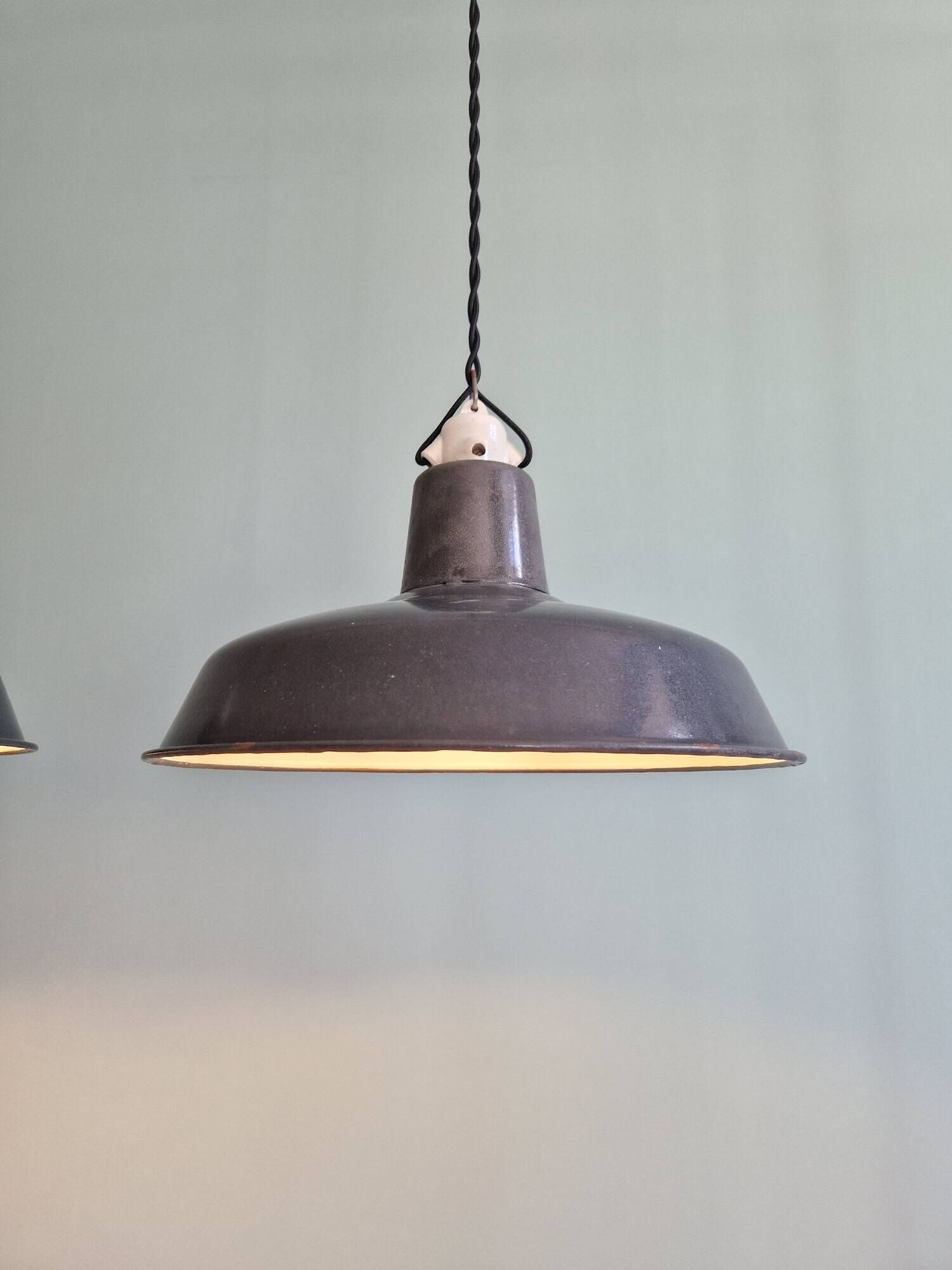 Set of 3 industrial pendant lights in anthracite enameled sheet metal