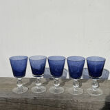 Set of 5 blue bubble stemmed glasses