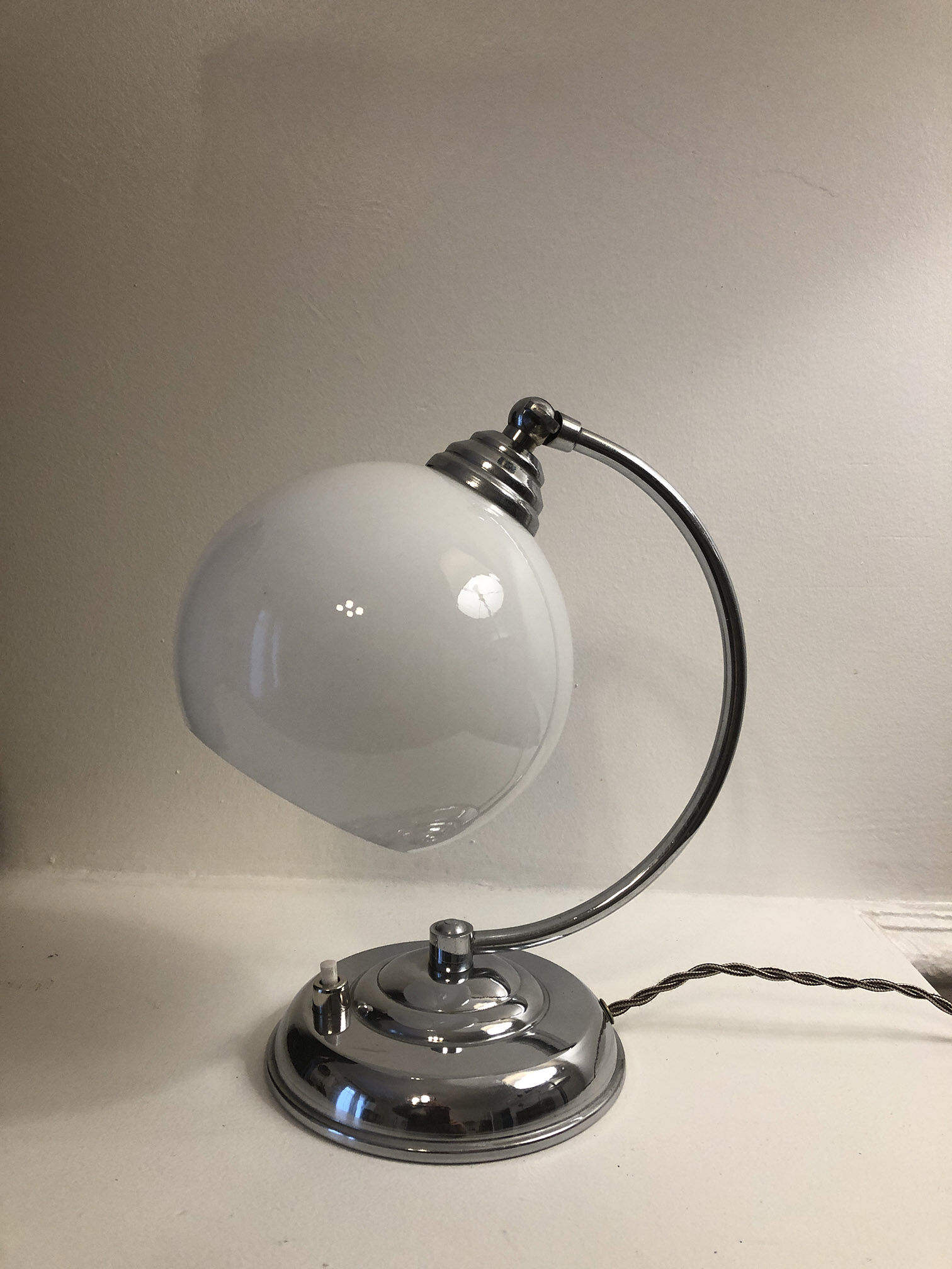 Antique articulated chrome lamp with opaline