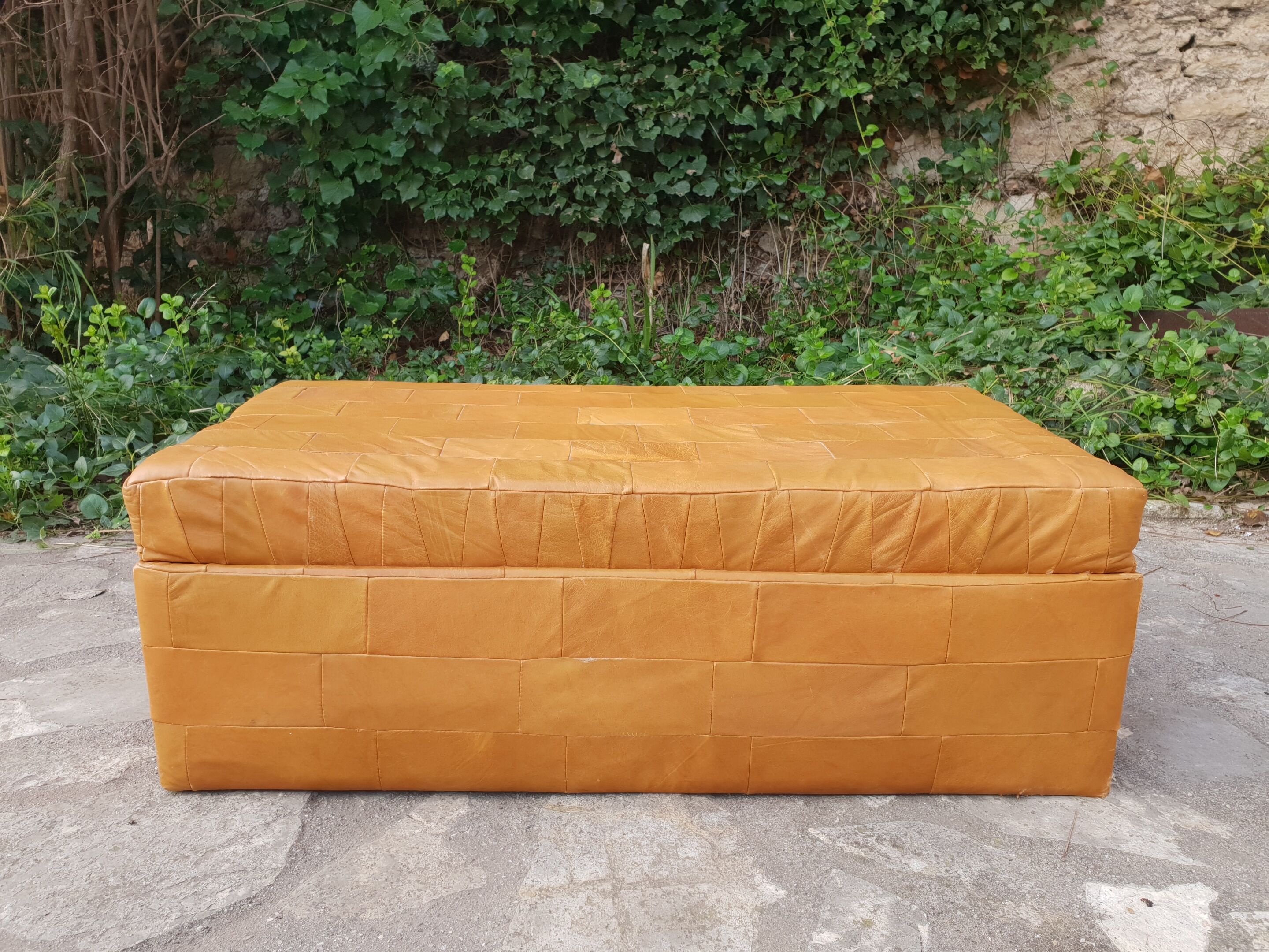 1970 leather patchwork chest bench