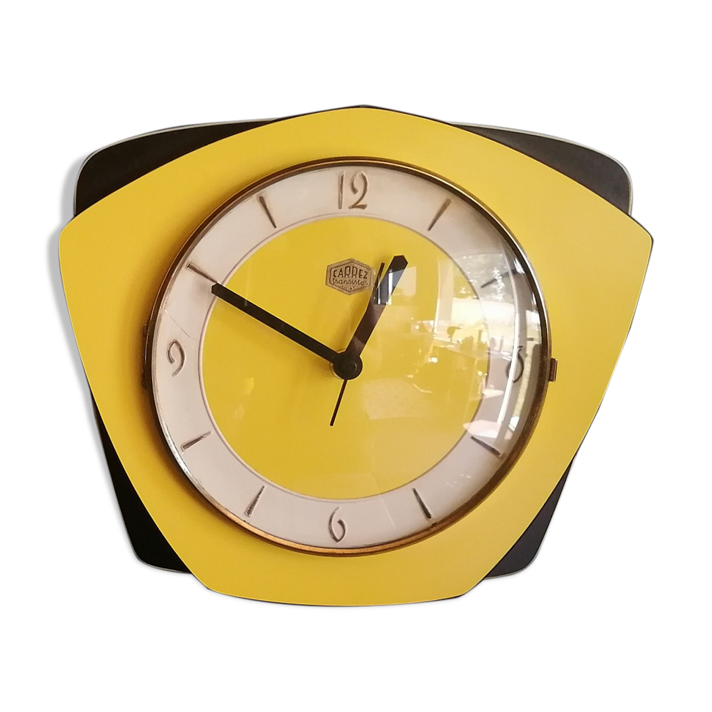 Clock vintage formica silent wall clock "Carrez Transistor yellow black"