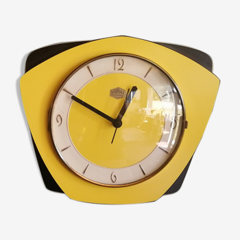 Horloge vintage formica pendule murale silencieuse "Carrez Transistor jaune noire"