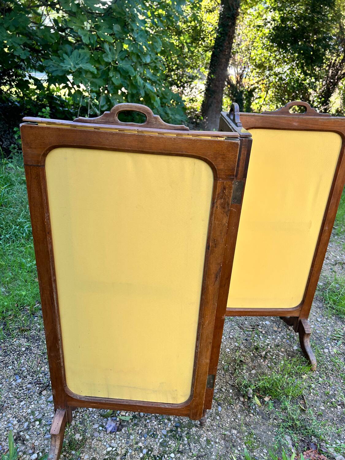 Antique fireplace screen – Solid wood & upholstered panels