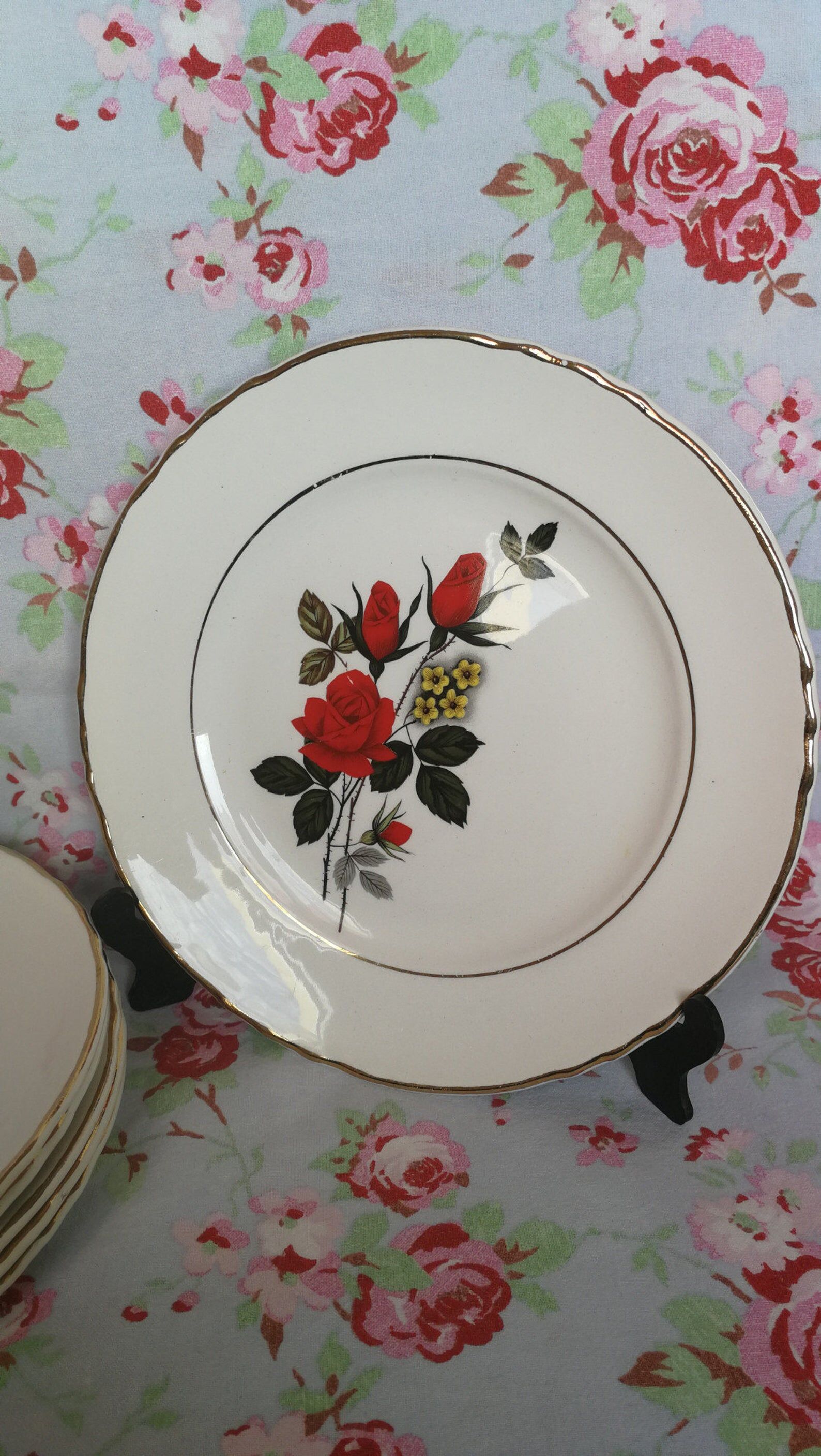 6 Old Wolf Mill Dessert Plates red pink pattern