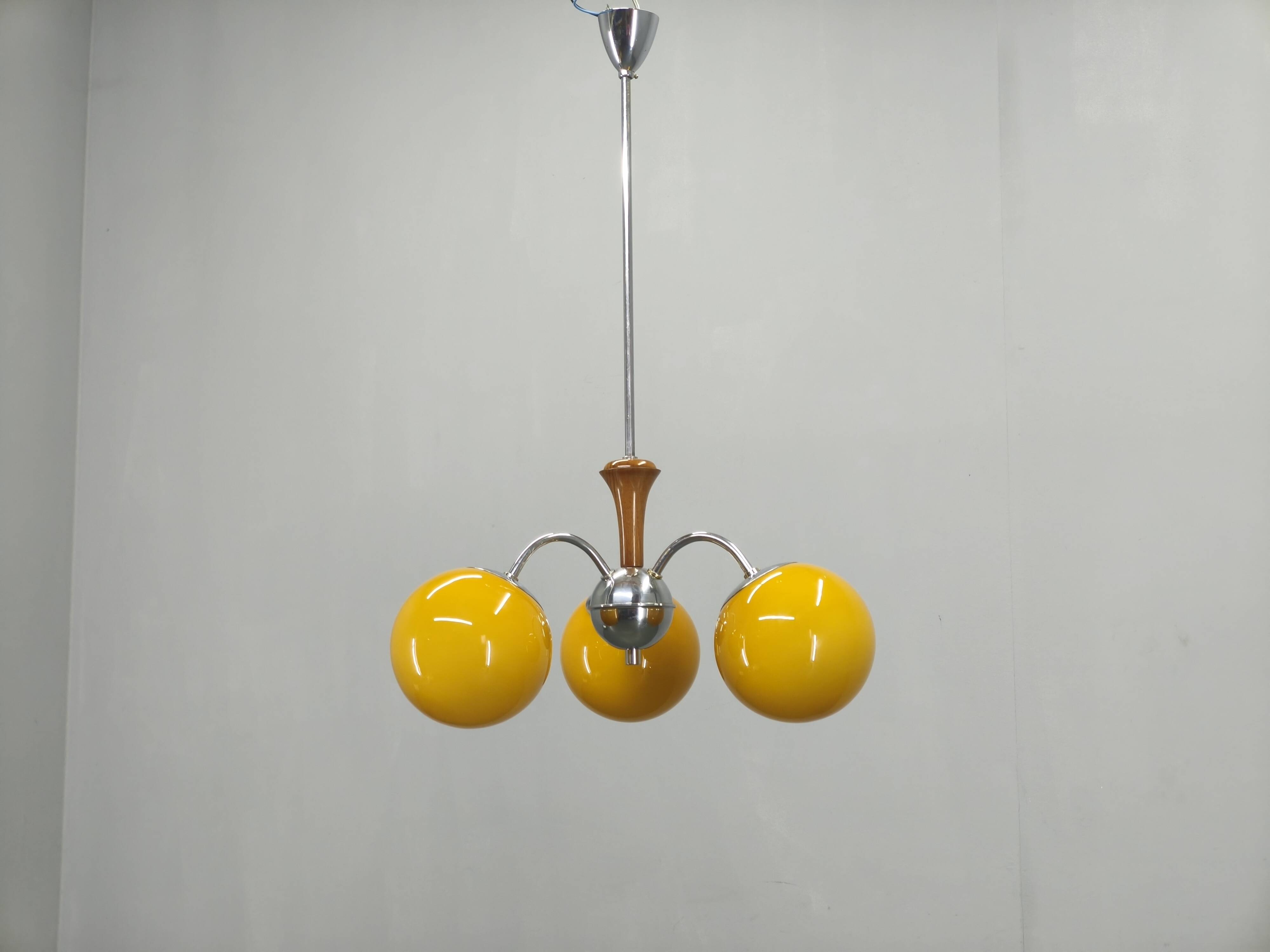 Bauhaus Chandelier with Colored Glass Globes, Czechoslovakia, 1930s