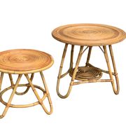 Pair of tripod coffee tables in rattan from the 1950s.