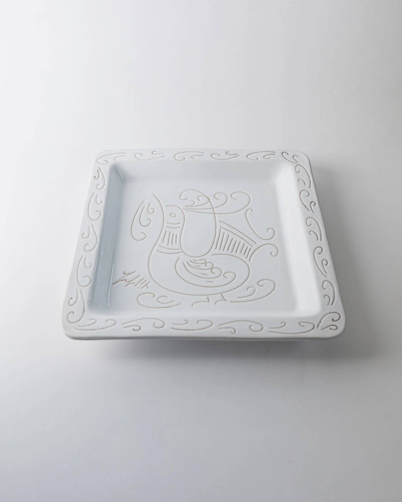 White Ceramic Plate with Etched Rooster Relief – Vintage Mid-Century Square Plate, Jacques Innocenti Style