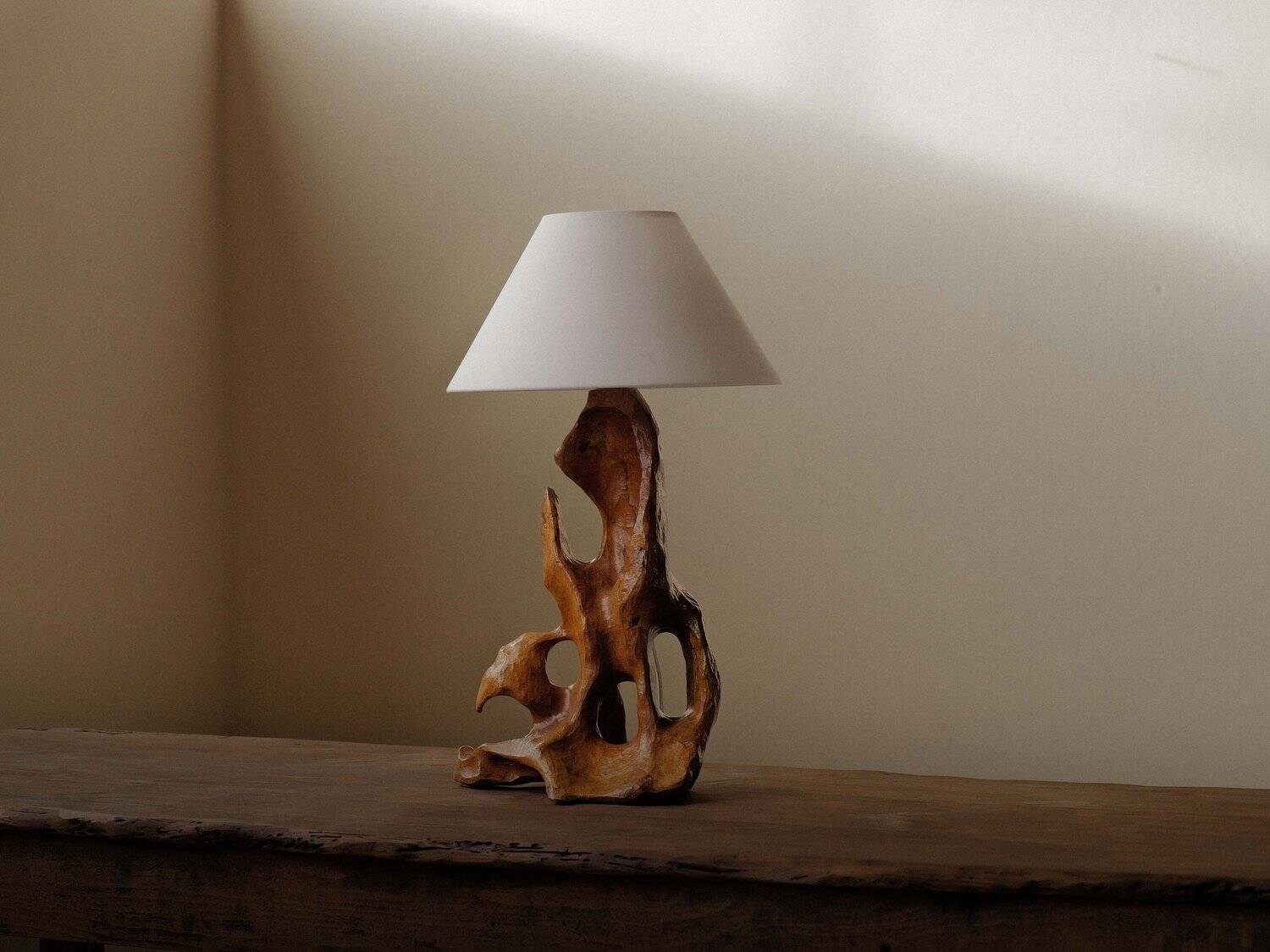 Sculptural lamp in solid olive wood – around 1970