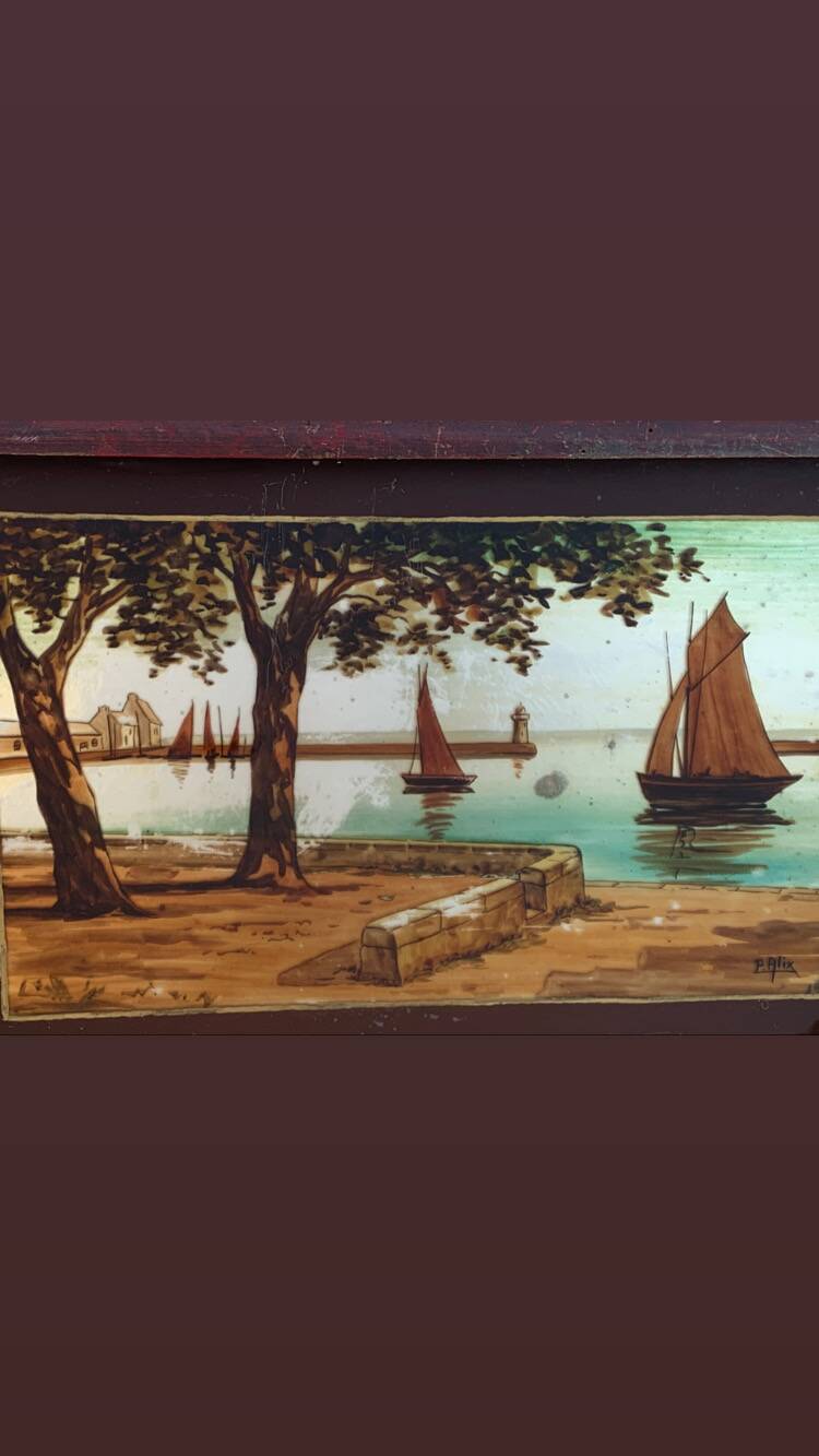 Marine painting, fixed on glass, signed P. Alix, art deco, old