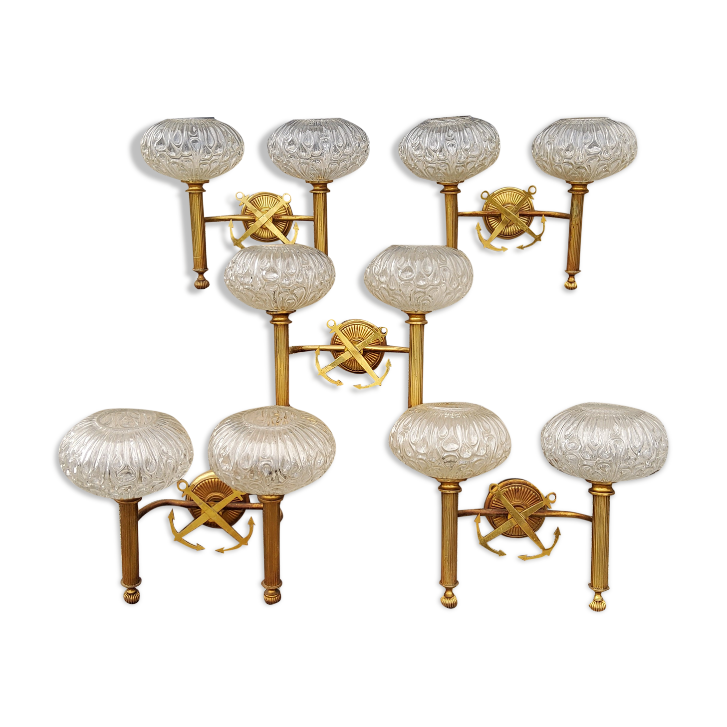 Set of 5 glass and brass sconces from the 70s