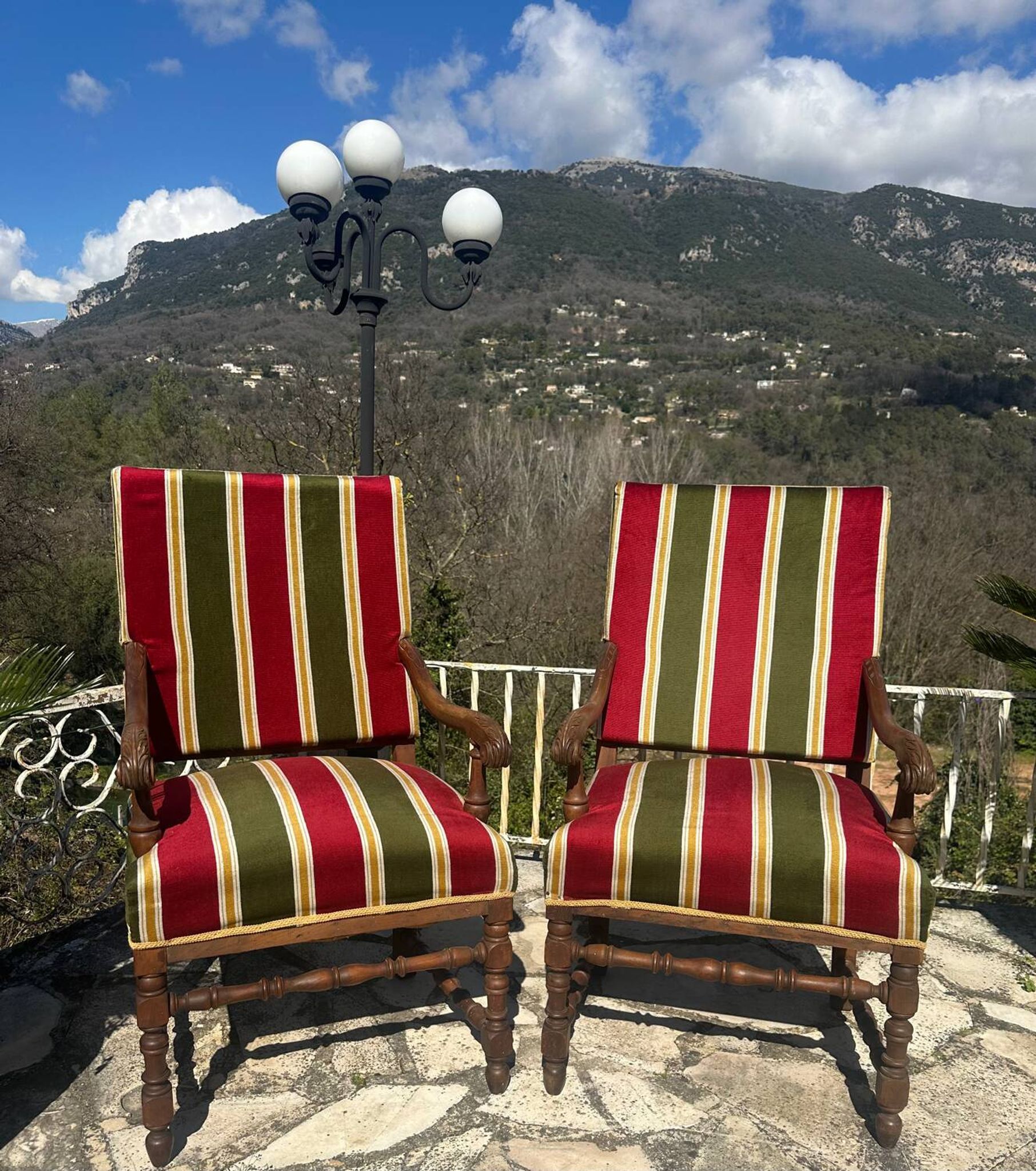 Pair of Louis XIII style walnut armchairs, 19th century