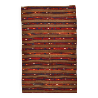 Turkish Striped Red Brown Vintage Kilim Rug, 154x246Cm