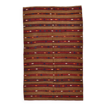 Turkish Striped Red Brown Vintage Kilim Rug, 154x246Cm