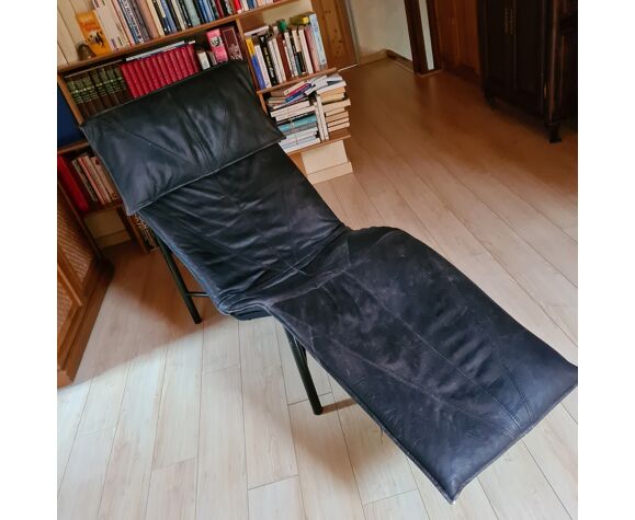 Vintage Chaise Longue In Black Leather, Black Leather Chaise Longue