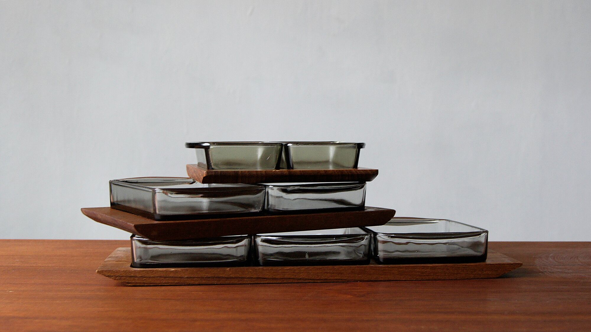 Danish Modern Serving Set Teak Tray With Glass Bowls