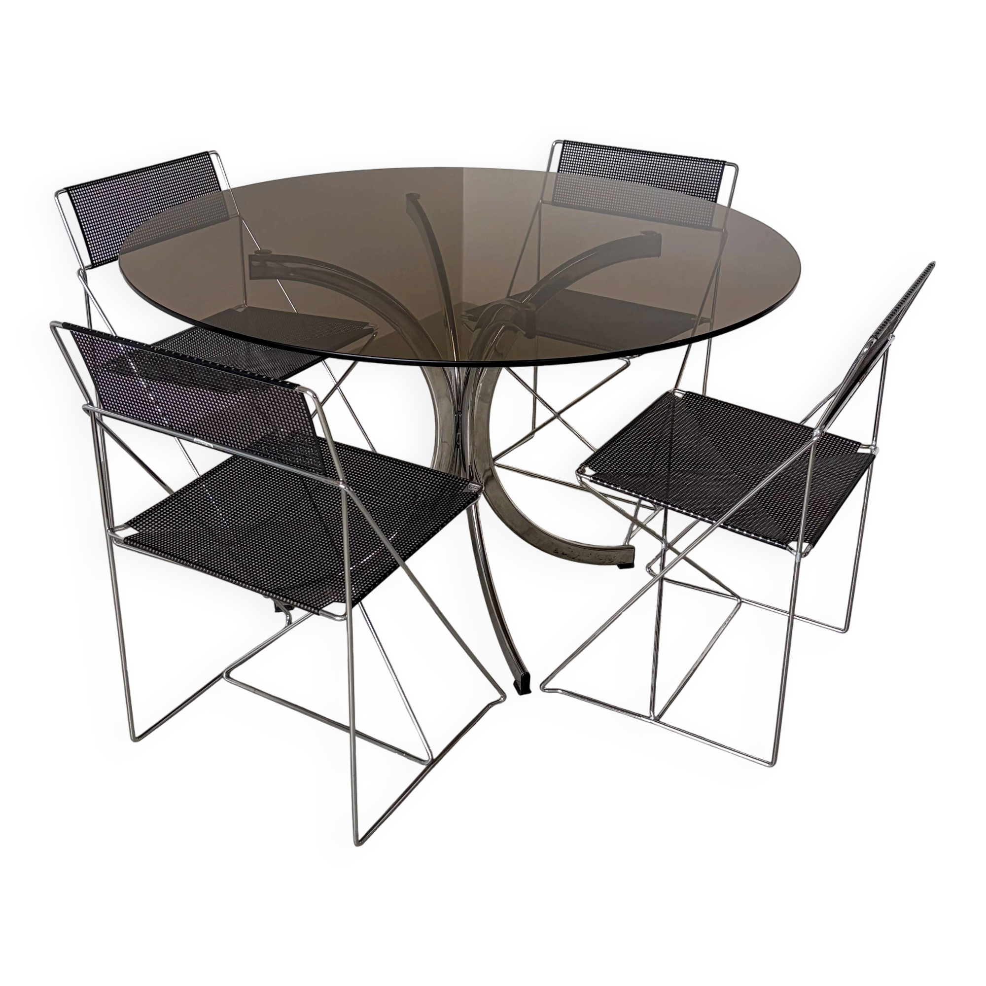1970s Italian dining table in smoked glass and chrome.