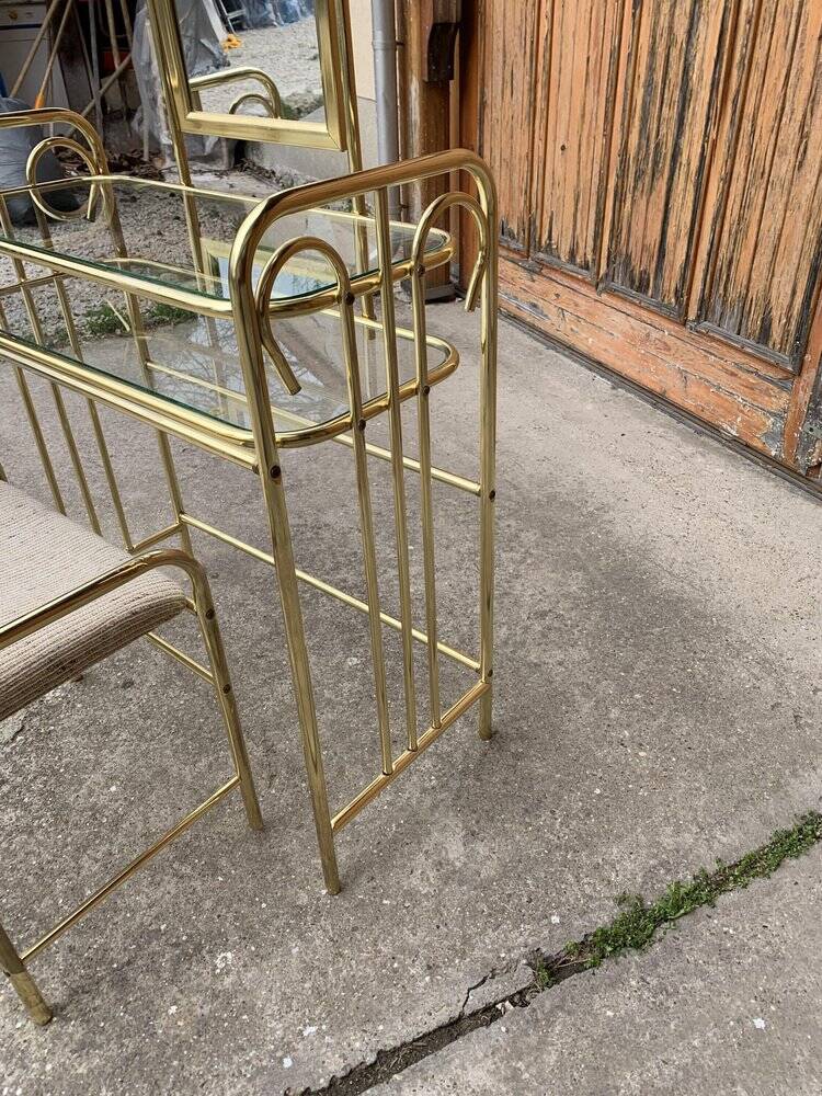 Vintage brass and glass dressing table with matching beige stool - set of 2 (1950s)