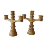 Set of 2 three-armed wooden candlesticks