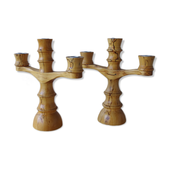 Set of 2 three-armed wooden candlesticks