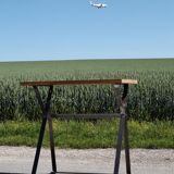 Cedar and metal desk