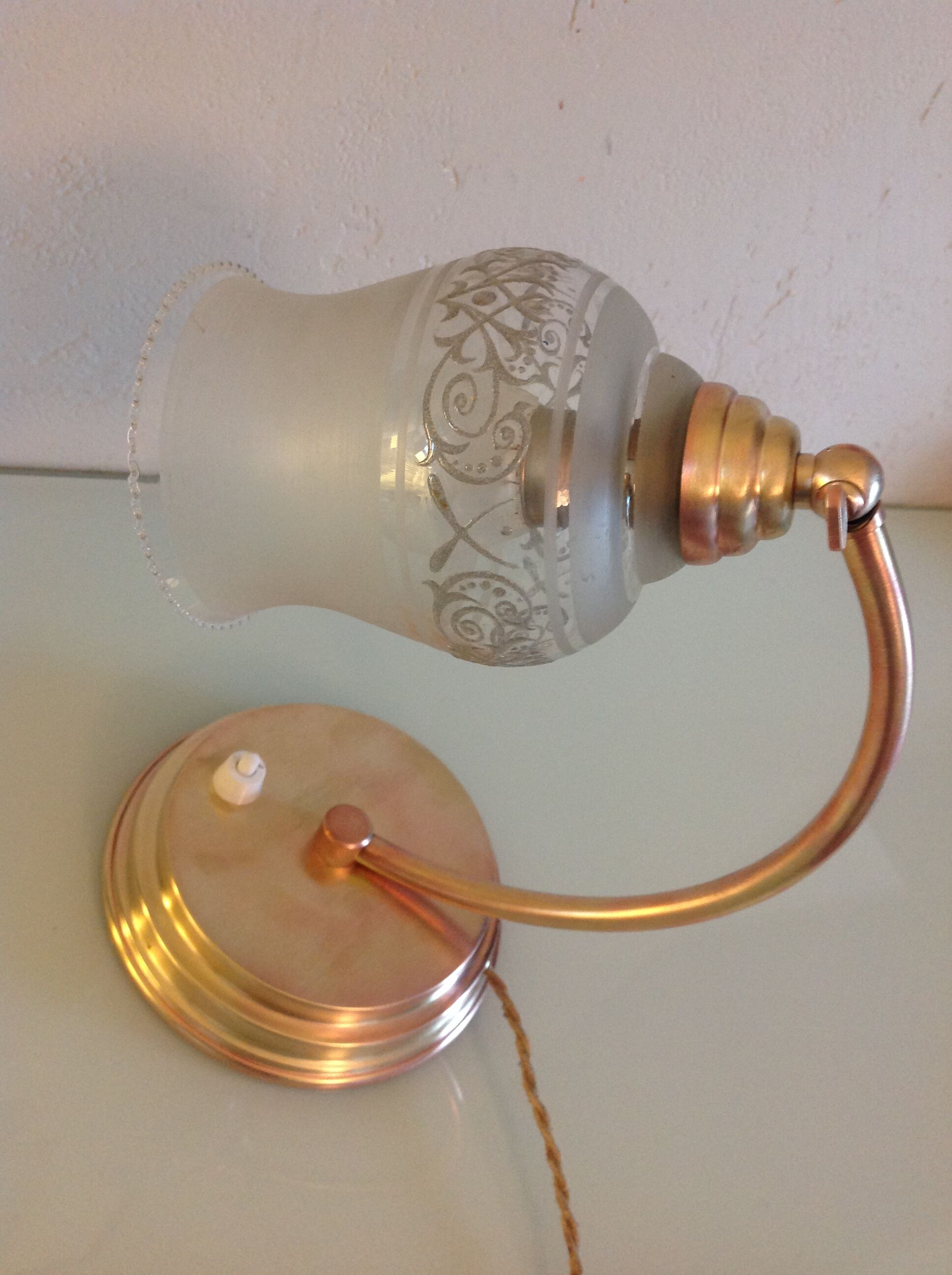 Brass bedside lamp and glass silkscreen vintage 50-60 years