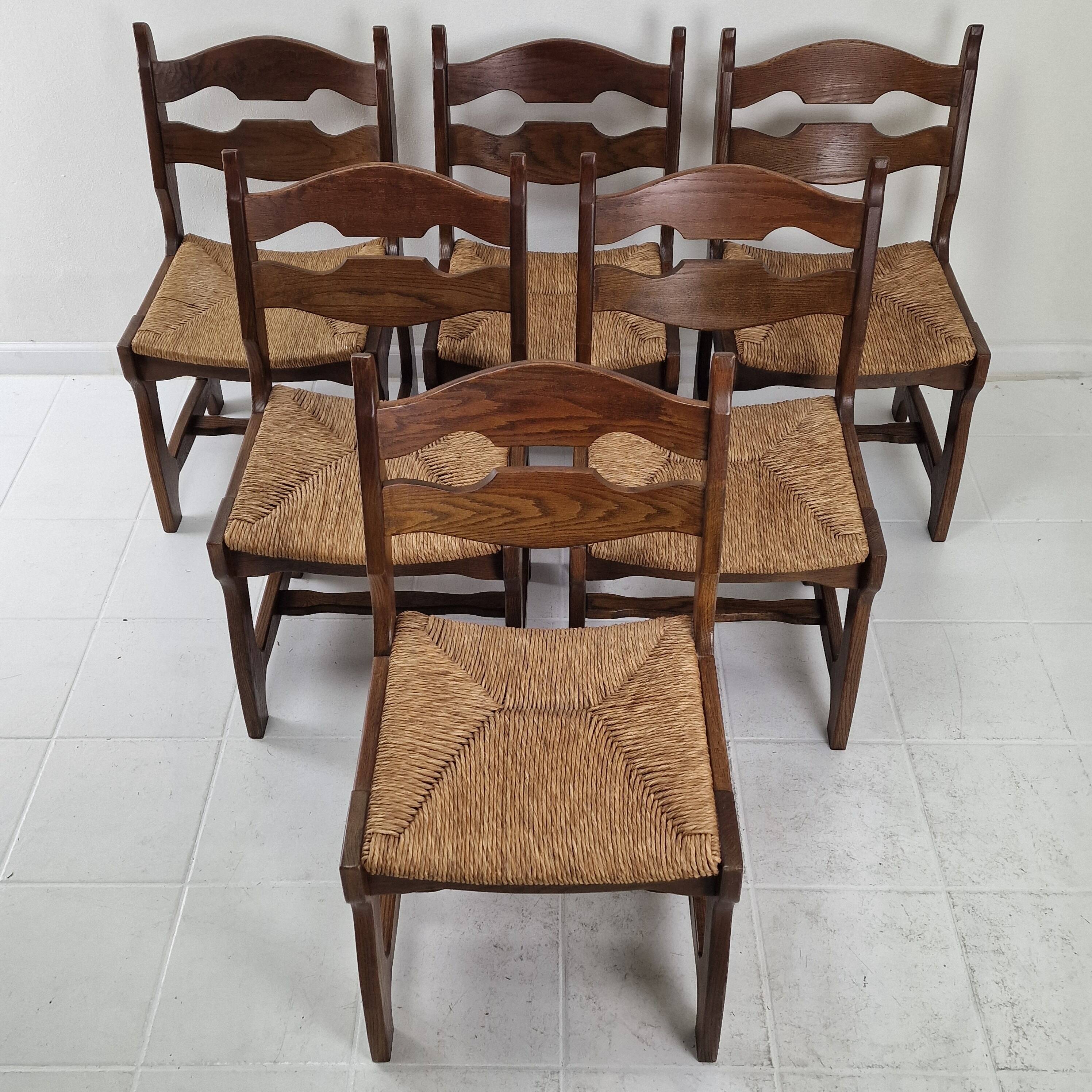 MidCentury Brutalist Oak "Razor Blade" Dining Chairs, Set of 6, France 60's